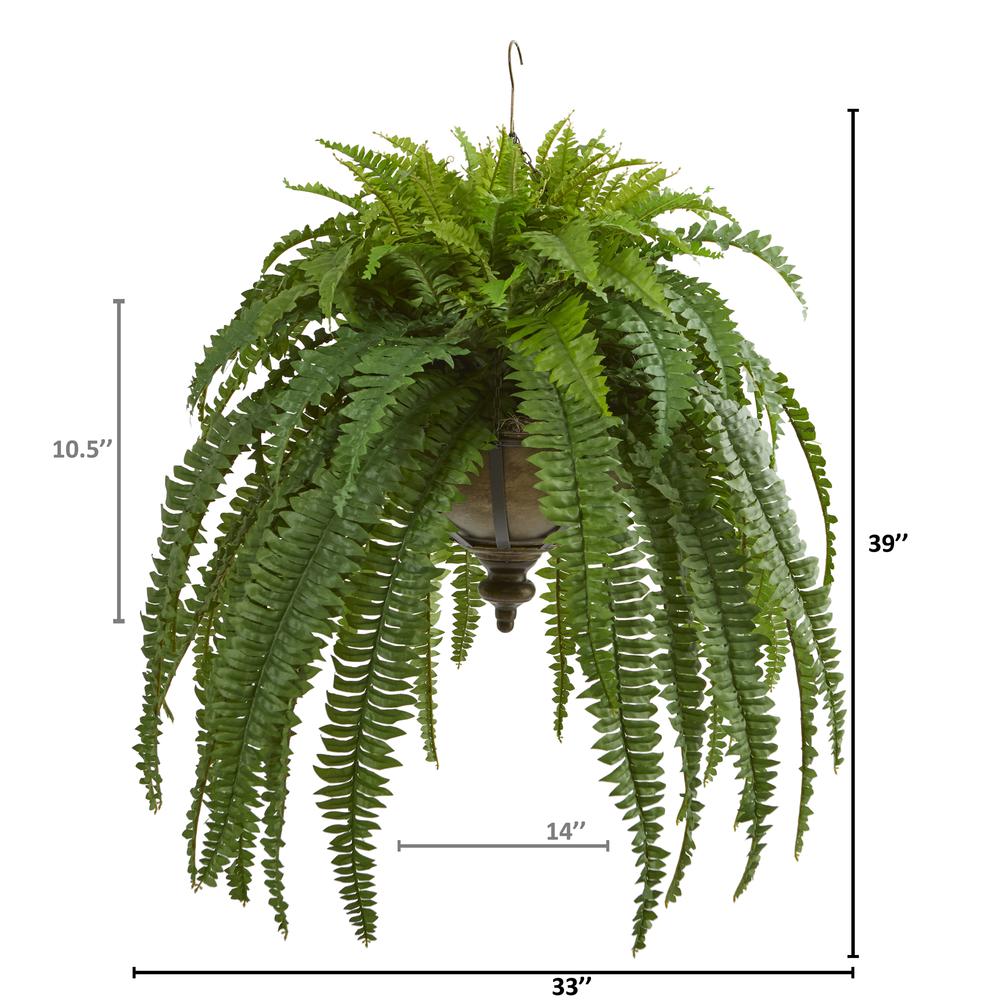 39in. Boston Fern Artificial Plant in Metal Hanging Bowl. Picture 5