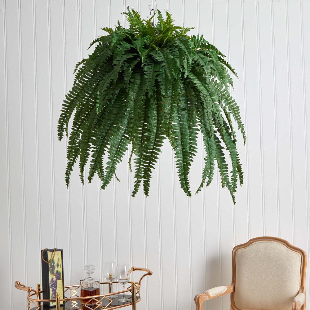 39in. Boston Fern Artificial Plant in Metal Hanging Bowl. Picture 2
