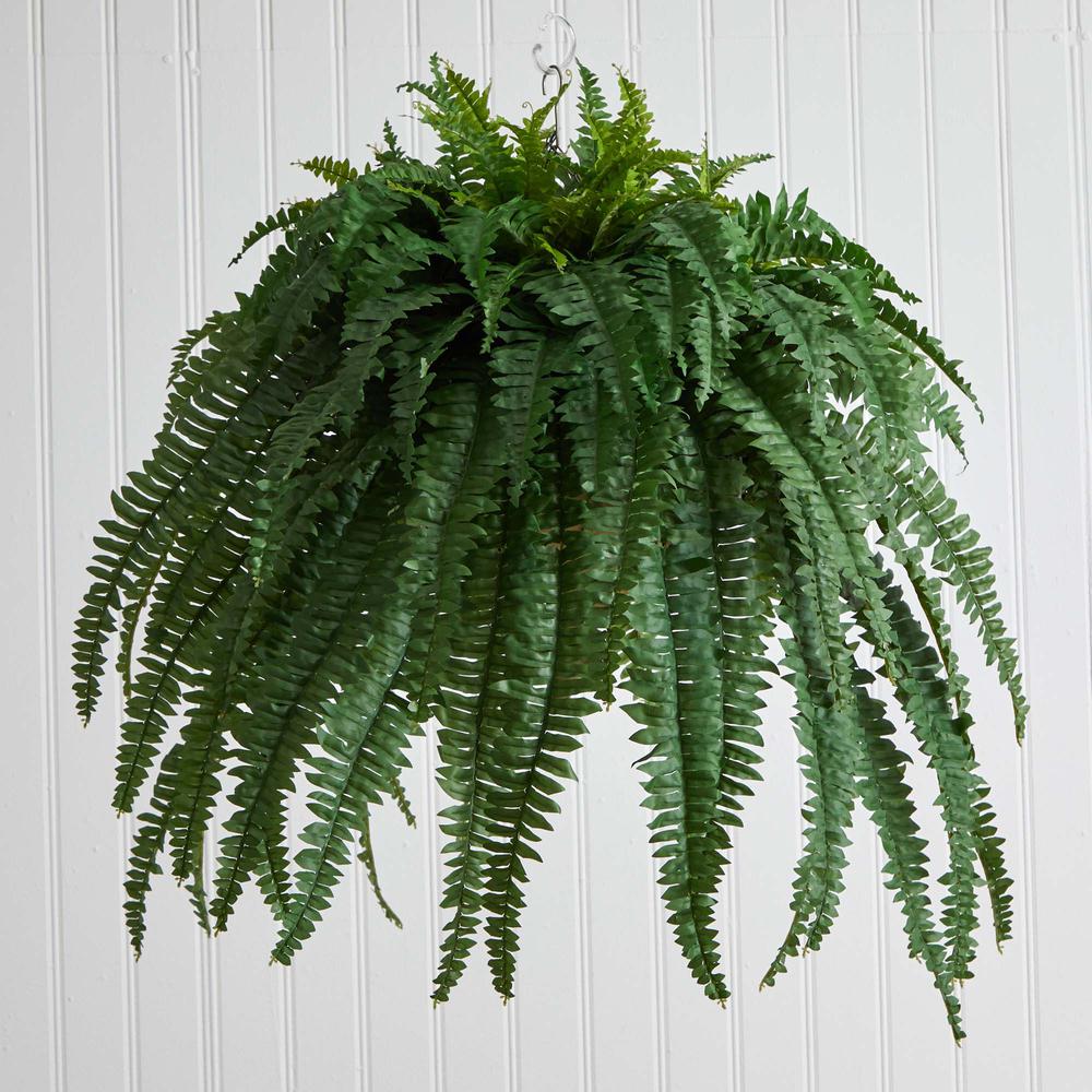 39in. Boston Fern Artificial Plant in Metal Hanging Bowl. Picture 6