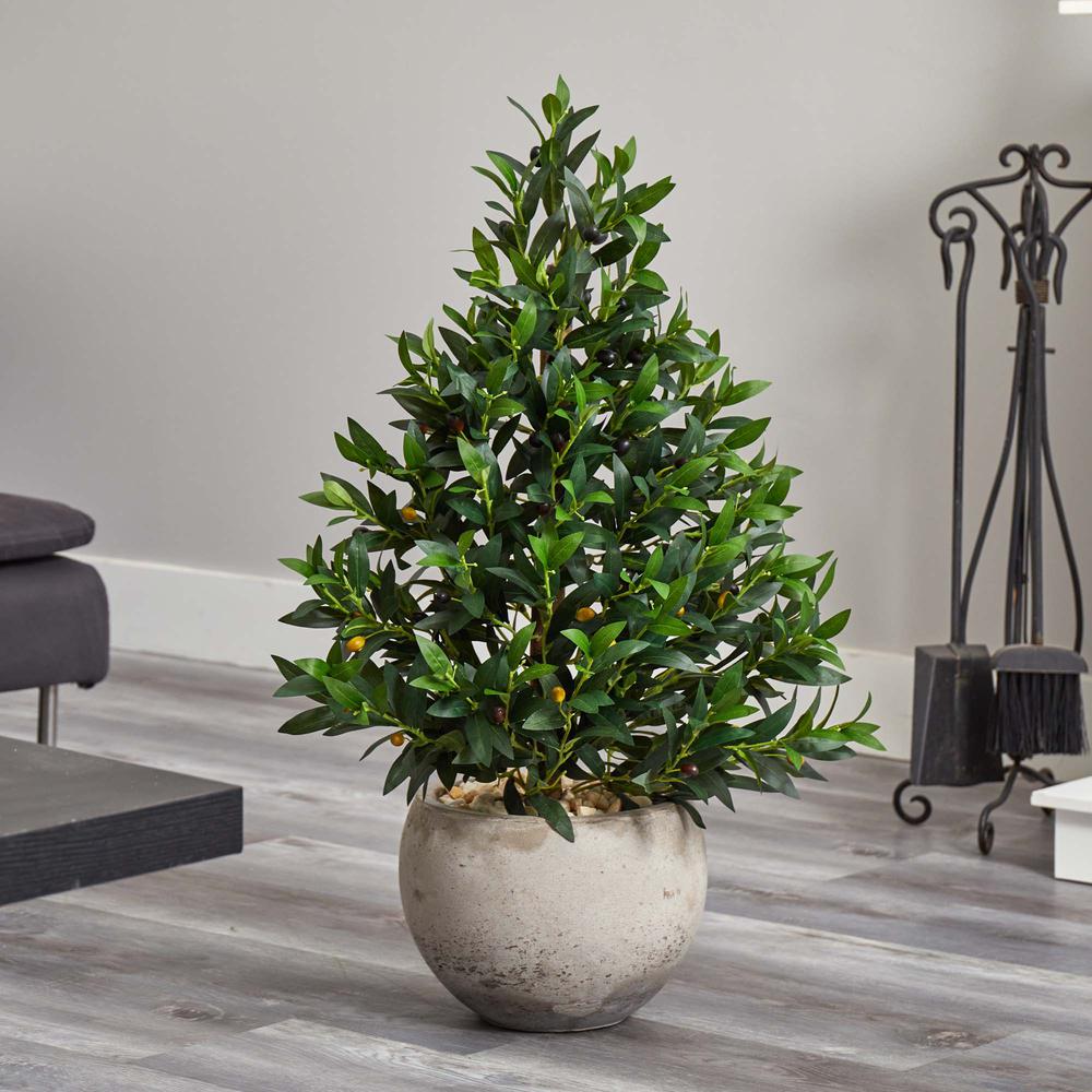 3ft. Olive Cone Topiary Artificial Tree in Sand Stone Planter UV Resistant (Indoor/Outdoor). Picture 5