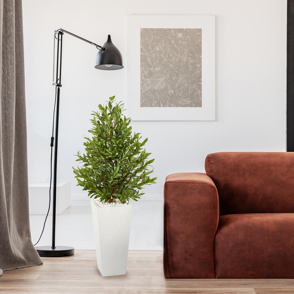 4ft. Olive Cone Topiary Artificial Tree in White Planter UV Resistant (Indoor/Outdoor). Picture 2