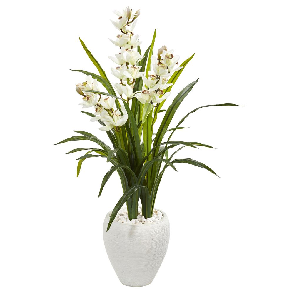 4ft. Cymbidium Orchid Artificial Plant in White Planter. Picture 1