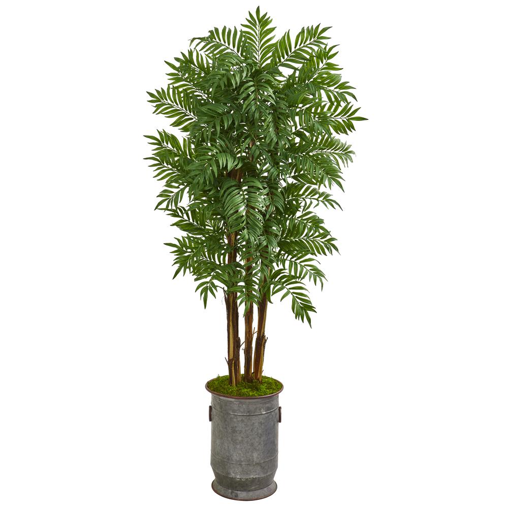 76in. Parlour Artificial Palm Tree in Copper Trimmed Metal Planter. Picture 1