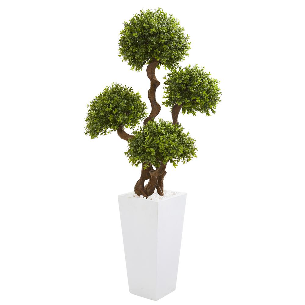 55in. Four Ball Boxwood Artificial Topiary Tree in Tall White Planter. Picture 1