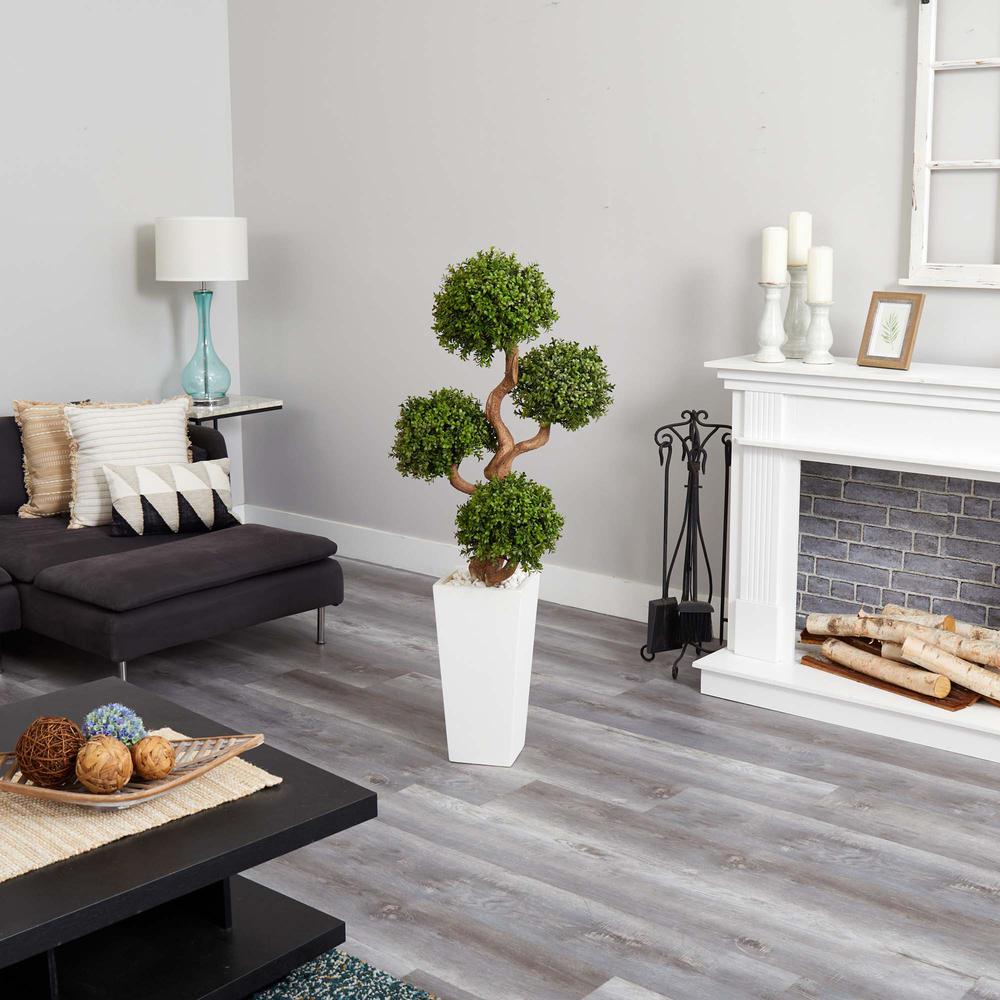 55in. Four Ball Boxwood Artificial Topiary Tree in Tall White Planter. Picture 3
