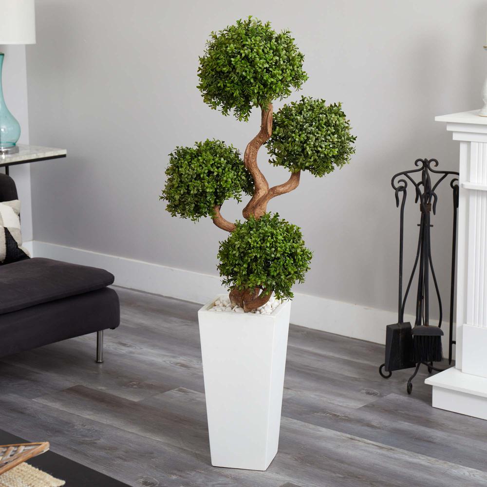 55in. Four Ball Boxwood Artificial Topiary Tree in Tall White Planter. Picture 2