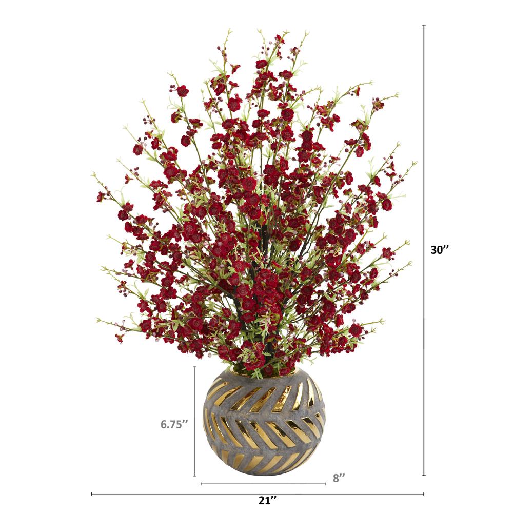 30in. Cherry Blossom Artificial Arrangement in Stoneware Vase with Gold Trimming. Picture 3