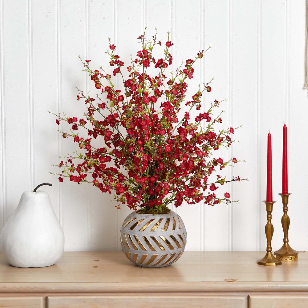 30in. Cherry Blossom Artificial Arrangement in Stoneware Vase with Gold Trimming. Picture 5