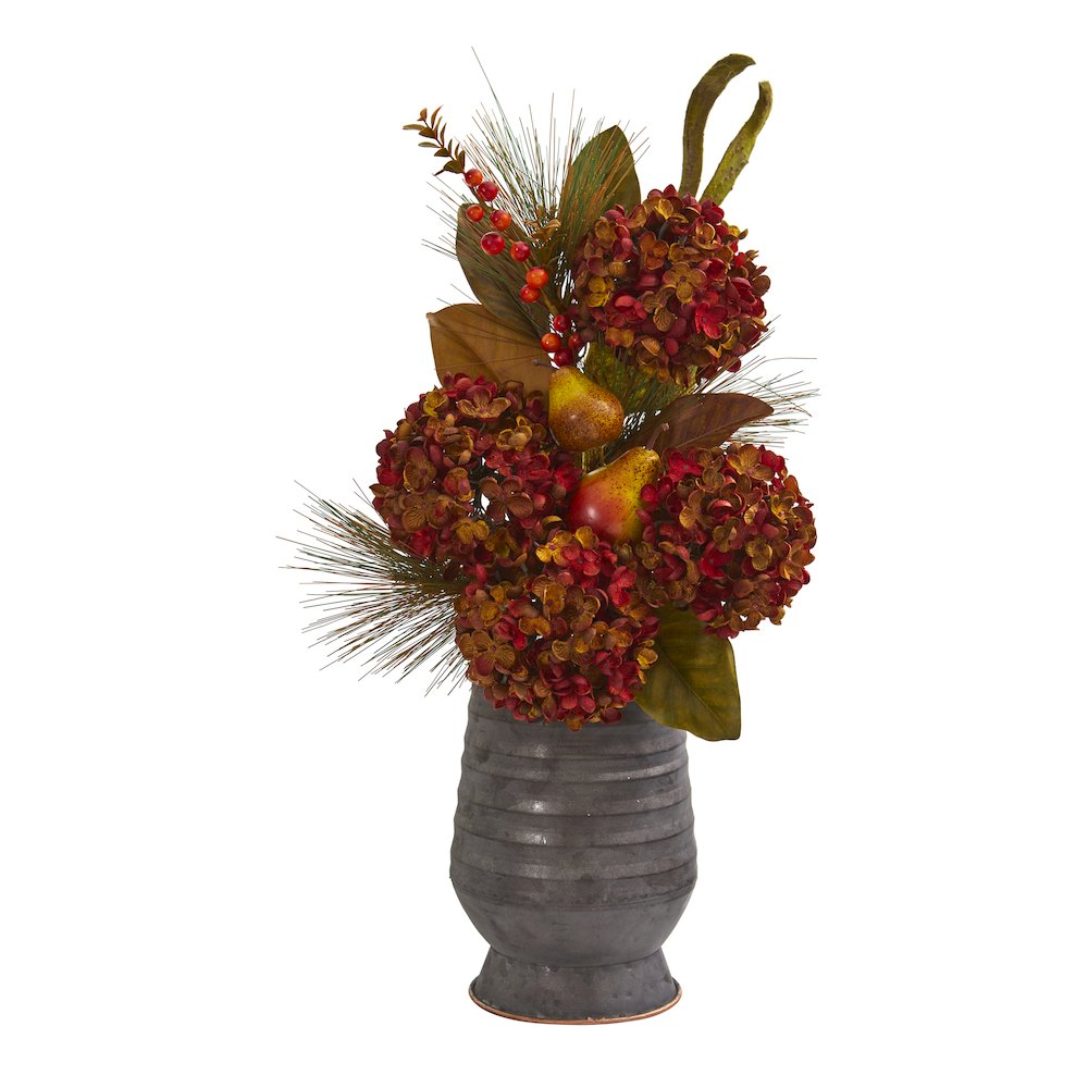 26in. Hydrangea, Pear and Magnolia Artificial Arrangement in Metal Vase. Picture 1