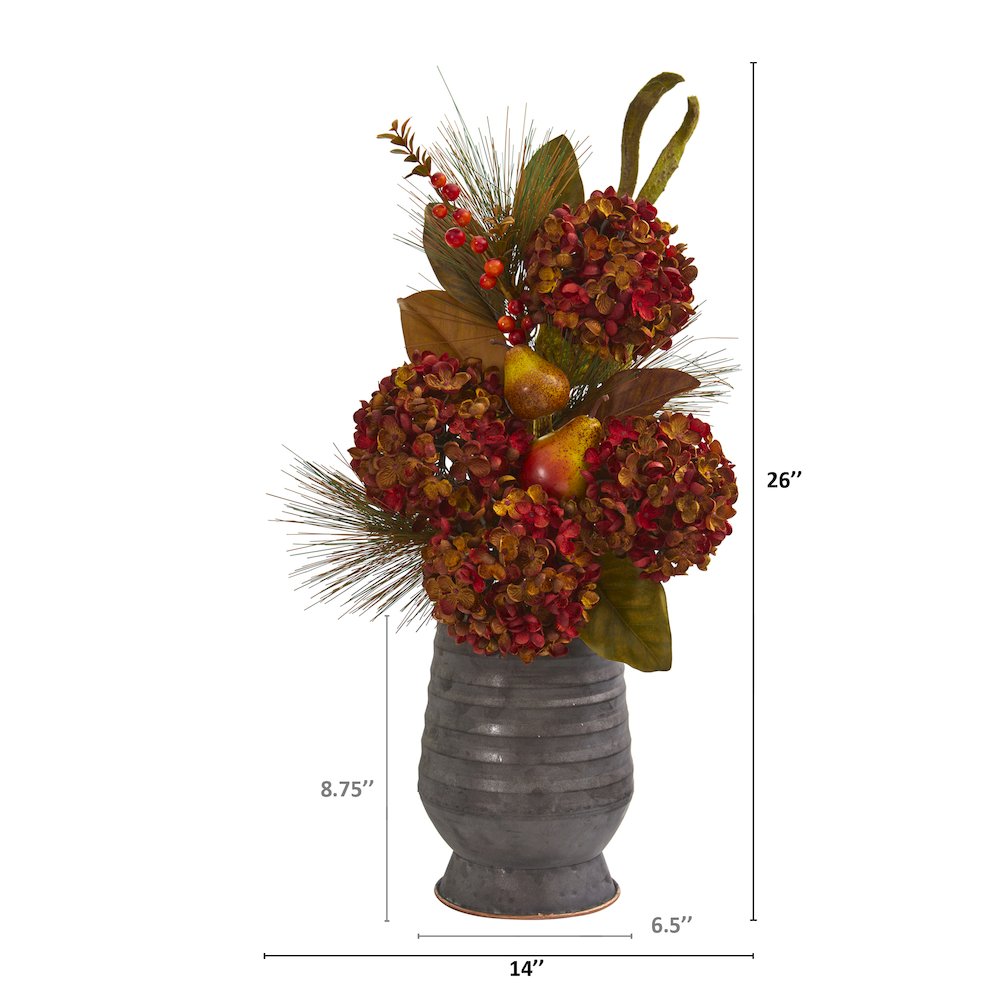 26in. Hydrangea, Pear and Magnolia Artificial Arrangement in Metal Vase. Picture 2