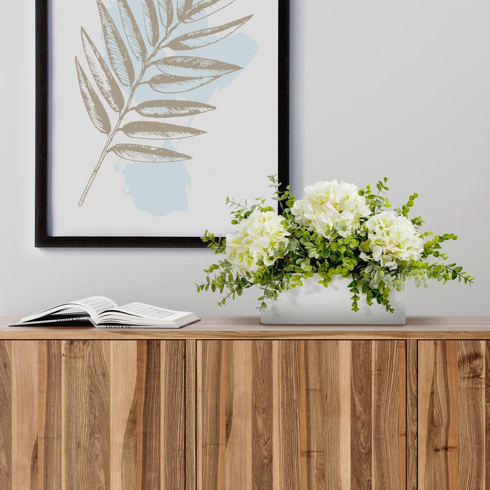 15in. Hydrangea and Eucalyptus Artificial Arrangement in White Vase. Picture 3