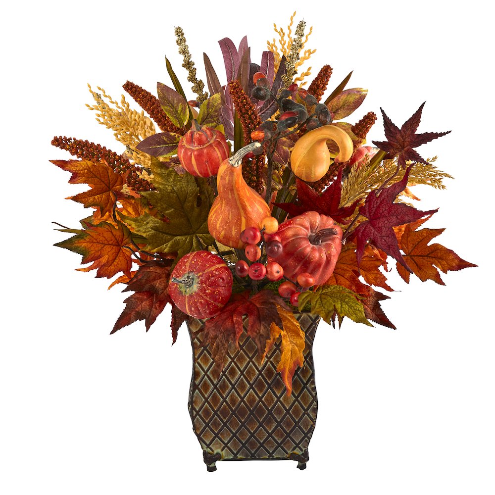 21in. Pumpkin, Maple Leaf and Sorghum Harvest Arrangement in Metal Planter. Picture 1