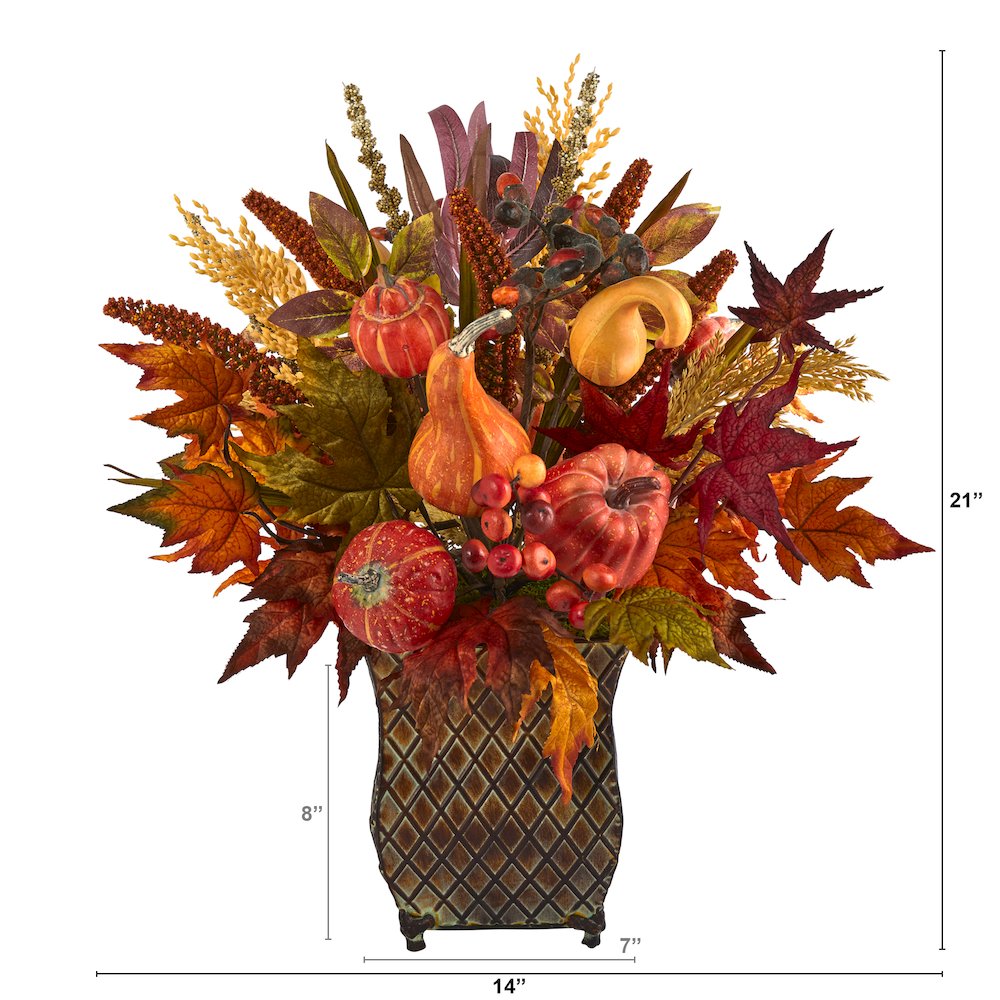21in. Pumpkin, Maple Leaf and Sorghum Harvest Arrangement in Metal Planter. Picture 2