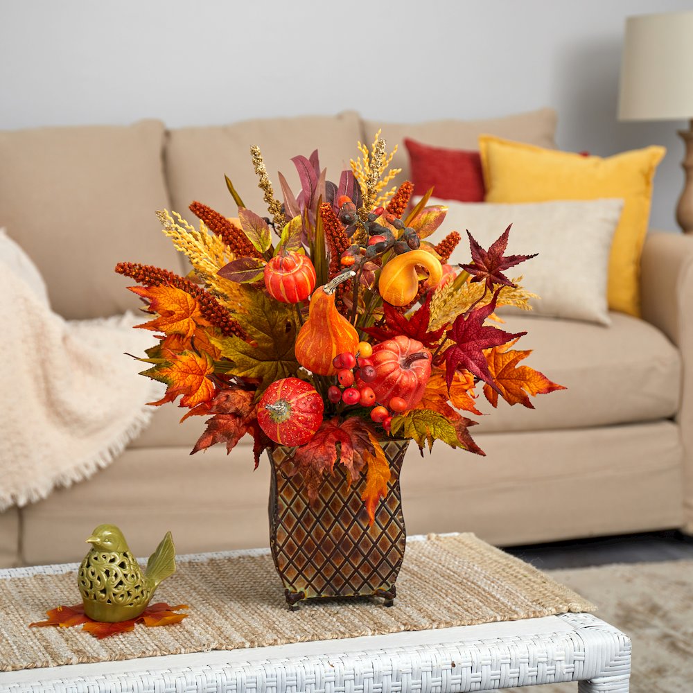 21in. Pumpkin, Maple Leaf and Sorghum Harvest Arrangement in Metal Planter. Picture 3
