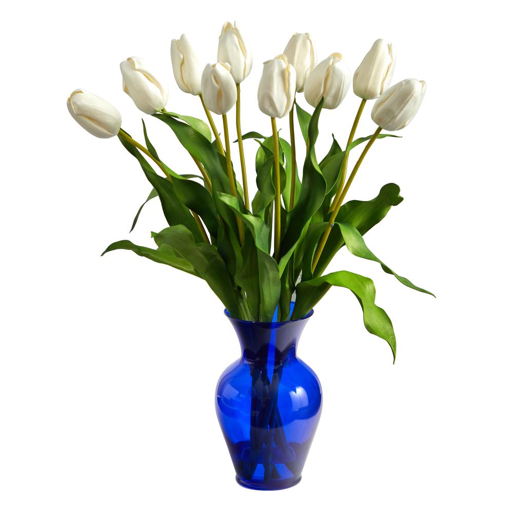 22in. Dutch Tulip Artificial Arrangement in Blue Colored Vase. Picture 1