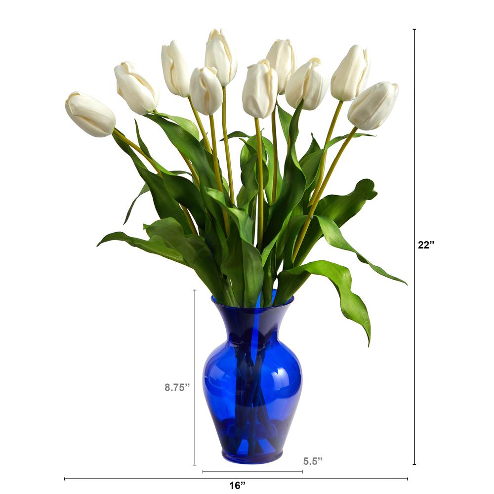 22in. Dutch Tulip Artificial Arrangement in Blue Colored Vase. Picture 2