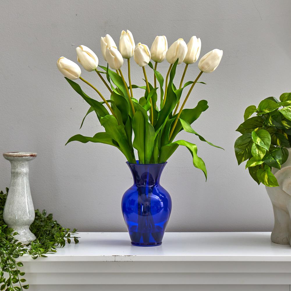 22in. Dutch Tulip Artificial Arrangement in Blue Colored Vase. Picture 3