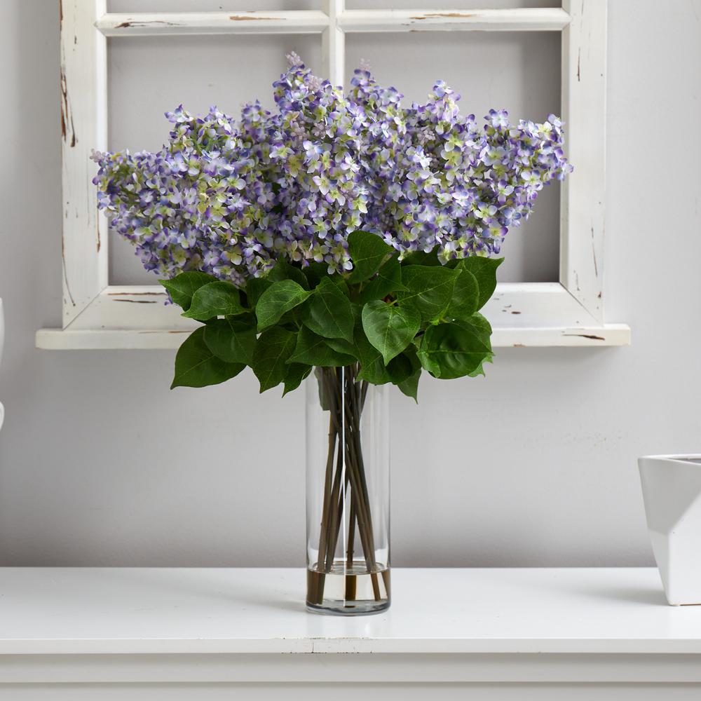 24in. Artificial Lilac Arrangement with Cylinder Glass Vase. Picture 4