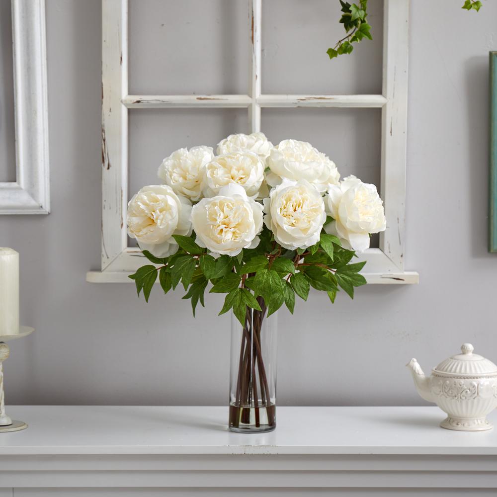 22in. Artificial Peony Arrangement with Cylinder Glass Vase. Picture 4