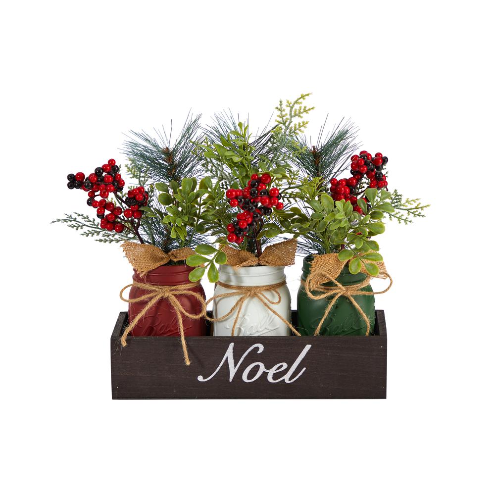 12in. Holiday Winter Pine and Berries Three Piece Mason Jar Noel Table Christmas Artificial Arrangement Décor. Picture 5