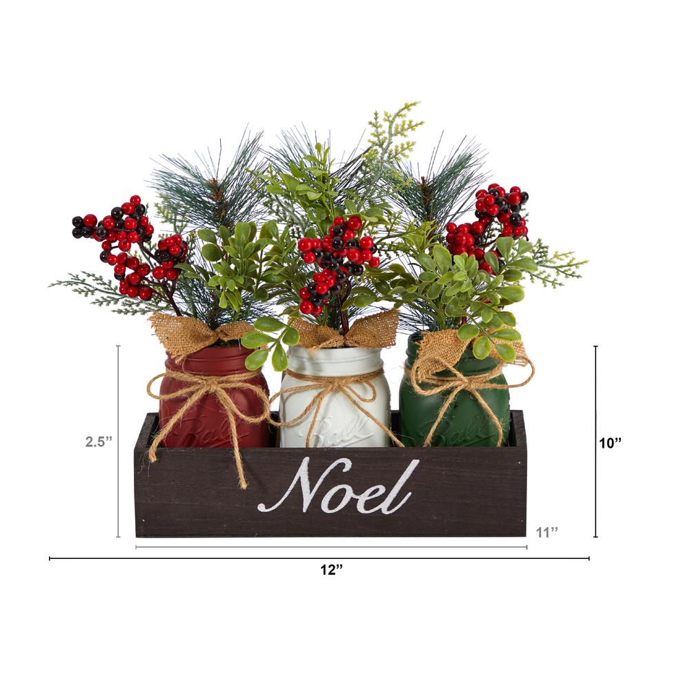 12in. Holiday Winter Pine and Berries Three Piece Mason Jar Noel Table Christmas Artificial Arrangement Décor. Picture 1
