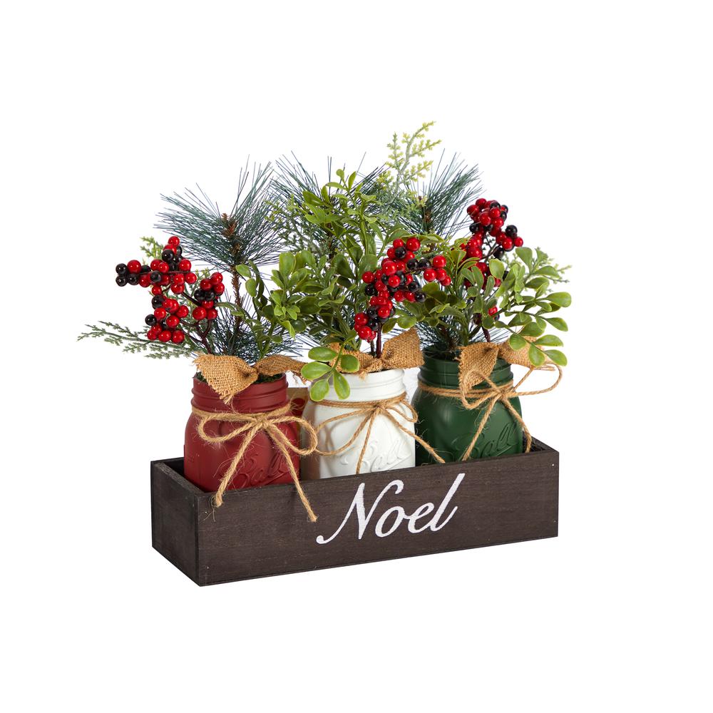 12in. Holiday Winter Pine and Berries Three Piece Mason Jar Noel Table Christmas Artificial Arrangement Décor. Picture 2