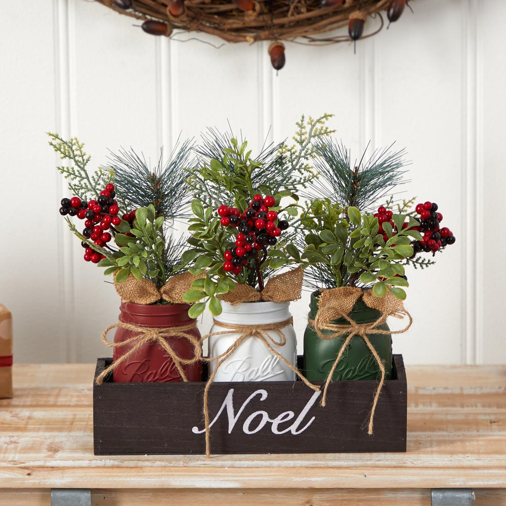 12in. Holiday Winter Pine and Berries Three Piece Mason Jar Noel Table Christmas Artificial Arrangement Décor. Picture 4