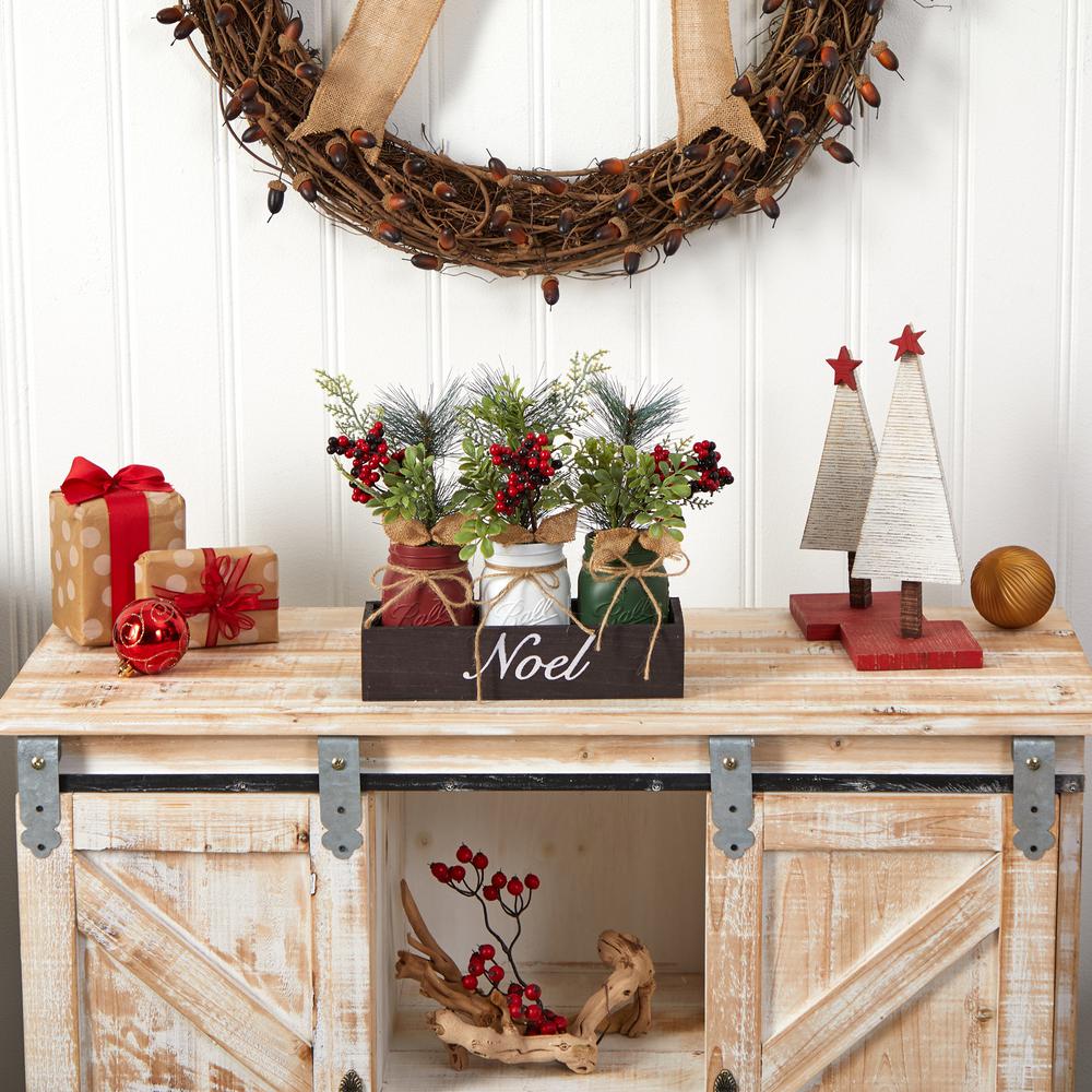 12in. Holiday Winter Pine and Berries Three Piece Mason Jar Noel Table Christmas Artificial Arrangement Décor. Picture 3