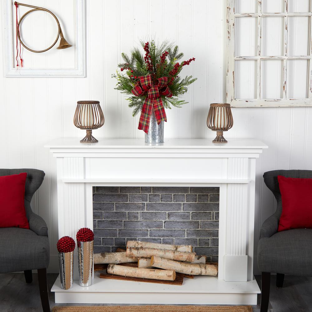 28in. Holiday Winter Greenery, Berries and Plaid Bow Artificial Christmas Arrangement Home Décor. Picture 3