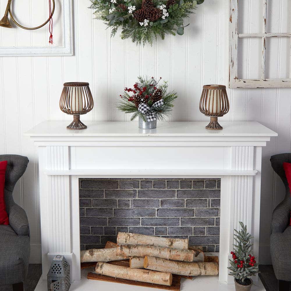 12in. Frosted Pinecones and Berries Artificial Arrangement in Vase with Decorative Plaid Bow. Picture 2