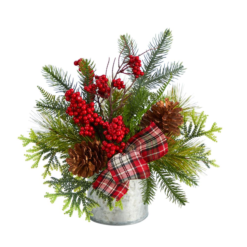 12in. Holiday Winter Pinecones, Berries, Greenery and Plaid Bow Artificial Christmas Table Arrangement. Picture 1