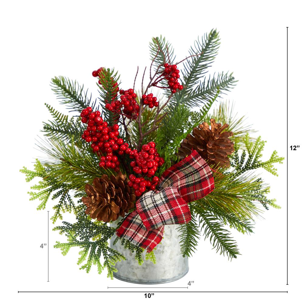 12in. Holiday Winter Pinecones, Berries, Greenery and Plaid Bow Artificial Christmas Table Arrangement. Picture 2