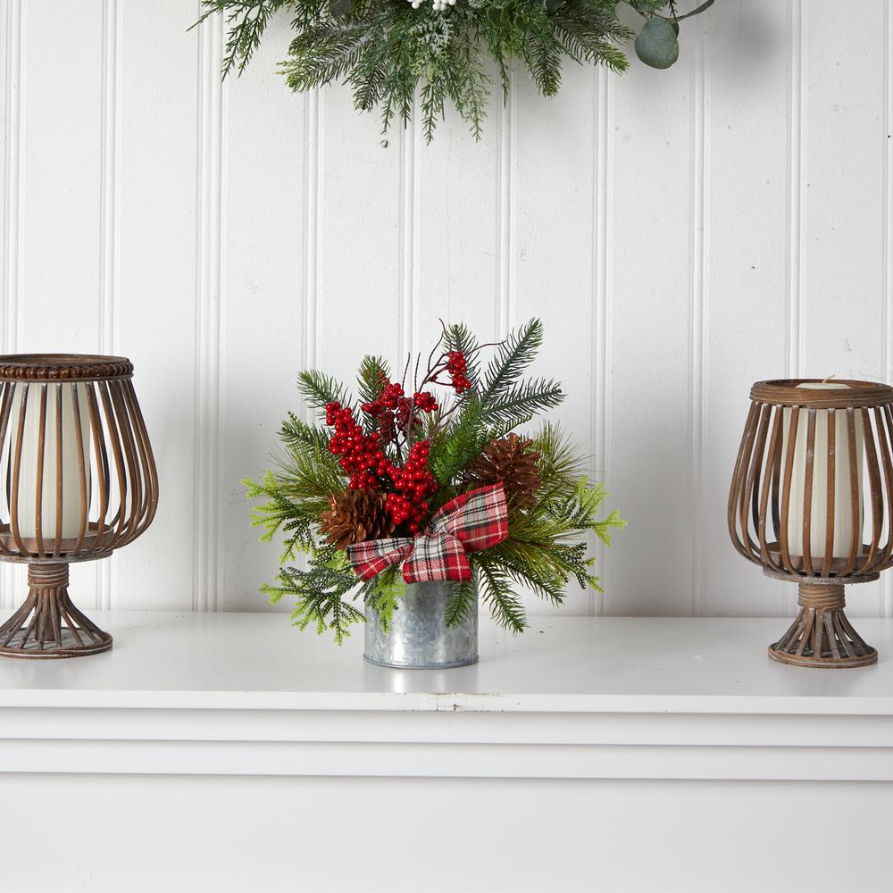 12in. Holiday Winter Pinecones, Berries, Greenery and Plaid Bow Artificial Christmas Table Arrangement. Picture 4