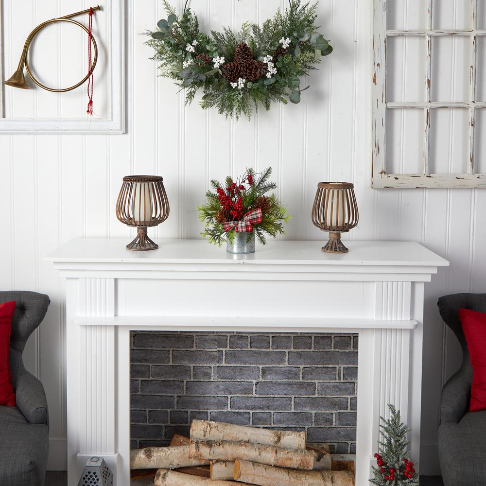 12in. Holiday Winter Pinecones, Berries, Greenery and Plaid Bow Artificial Christmas Table Arrangement. Picture 3