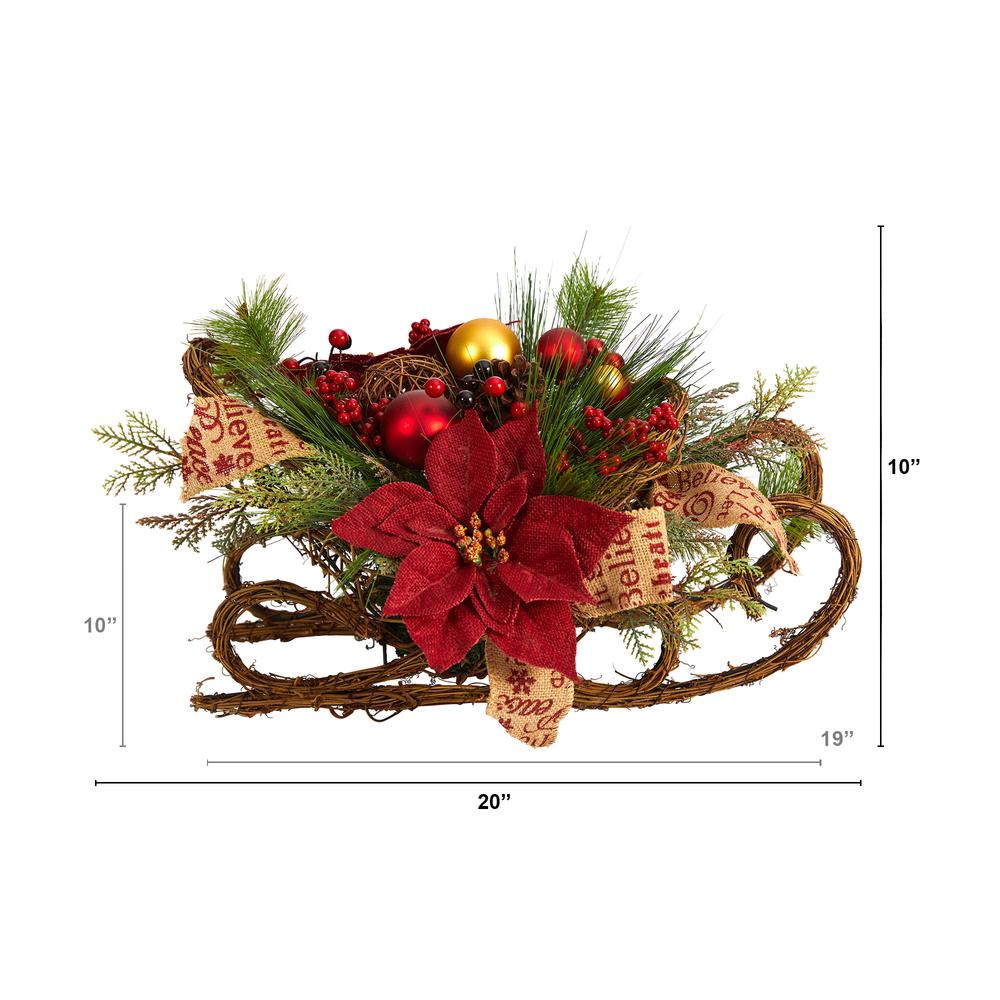 18in. Christmas Sleigh with Poinsettia, Berries and Pinecone Artificial Arrangement with Ornaments. Picture 1