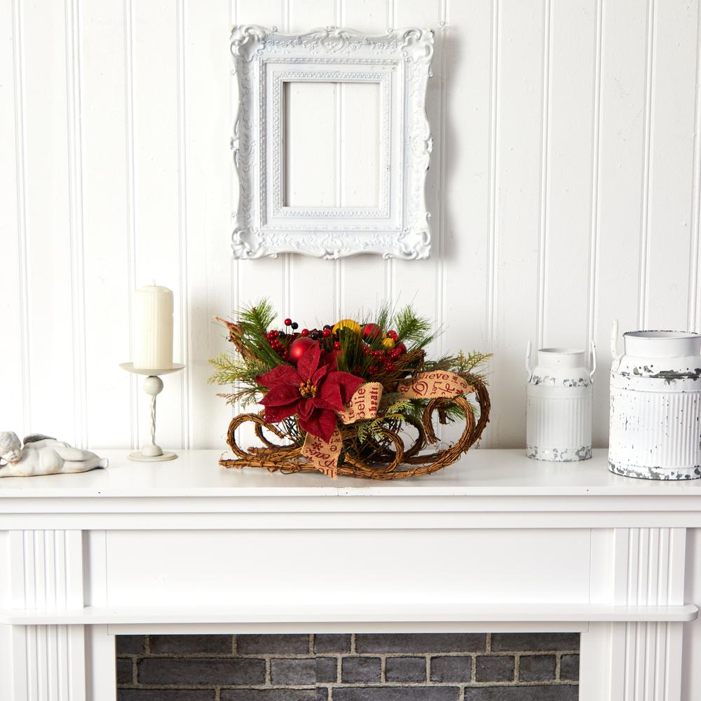 18in. Christmas Sleigh with Poinsettia, Berries and Pinecone Artificial Arrangement with Ornaments. Picture 4