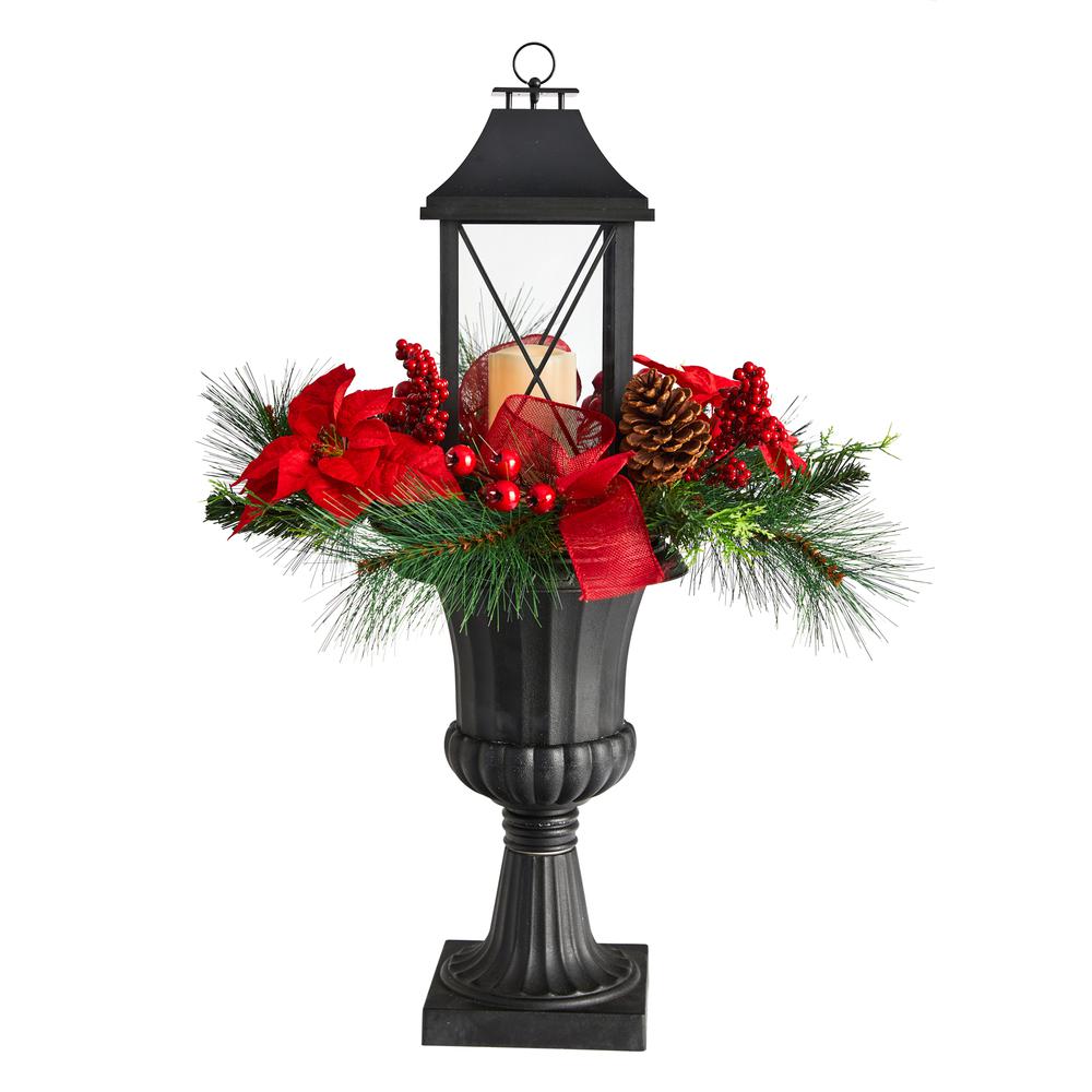 33in. Holiday Christmas Berries and Poinsettia with Large Lantern and Included LED Candle Set in a Decorative Urn Porch Decor. Picture 4