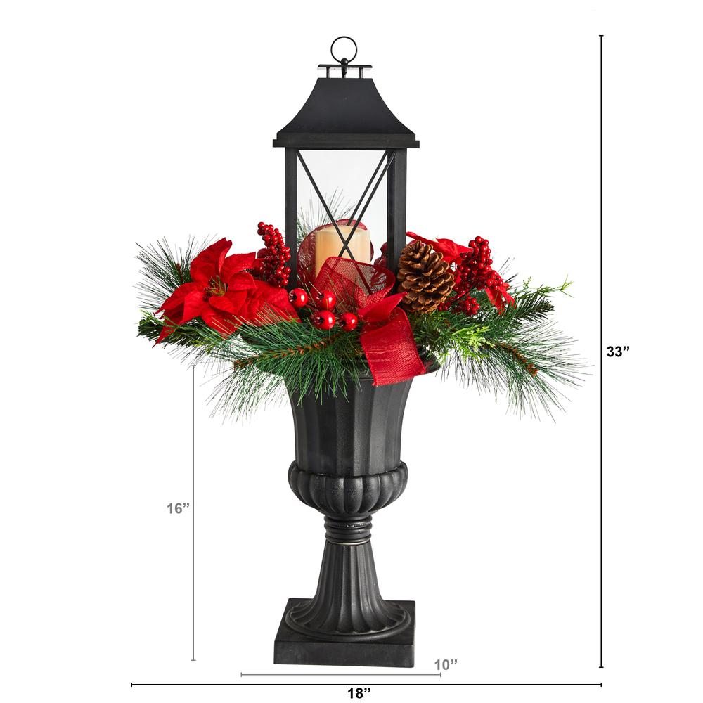 33in. Holiday Christmas Berries and Poinsettia with Large Lantern and Included LED Candle Set in a Decorative Urn Porch Decor. Picture 1