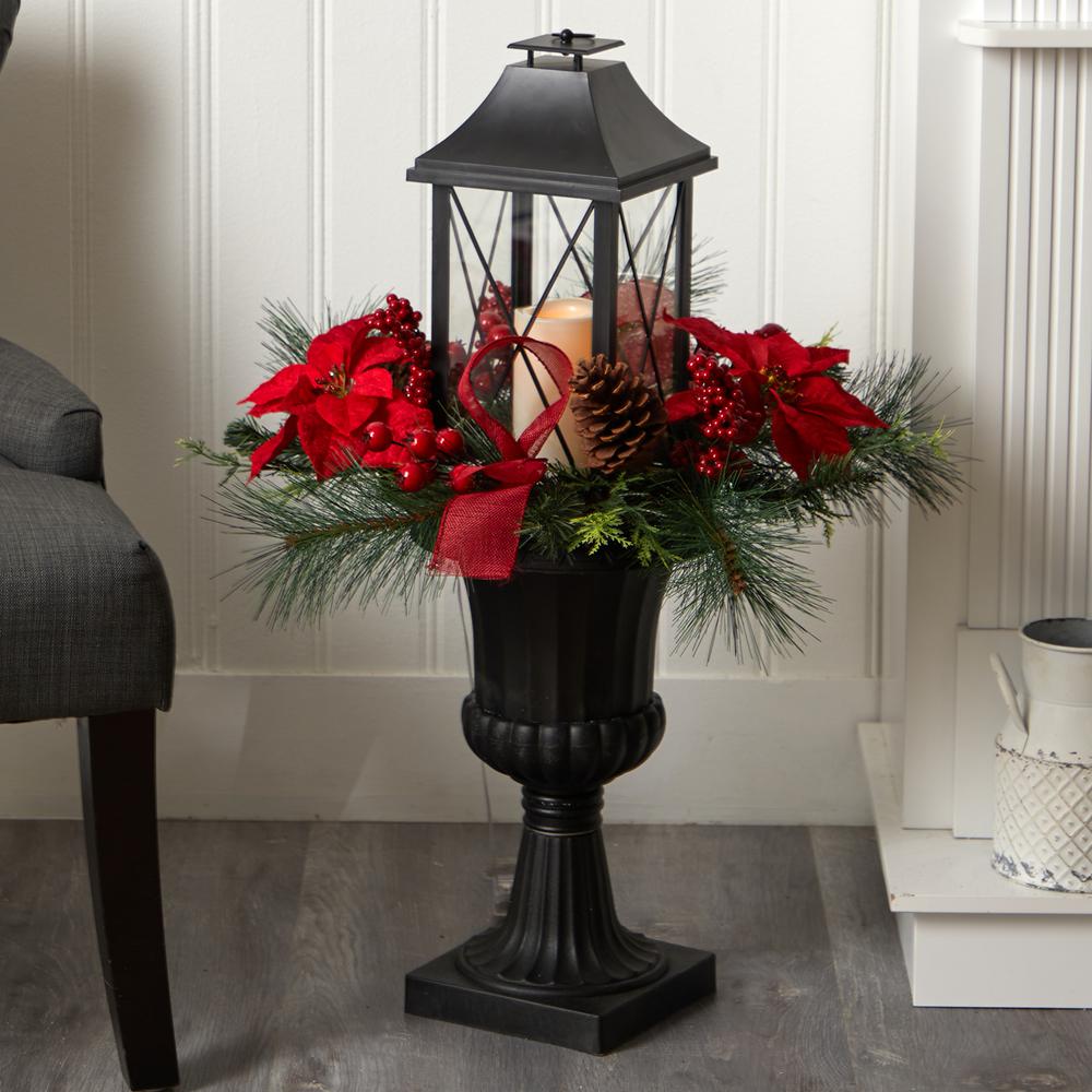 33in. Holiday Christmas Berries and Poinsettia with Large Lantern and Included LED Candle Set in a Decorative Urn Porch Decor. Picture 3