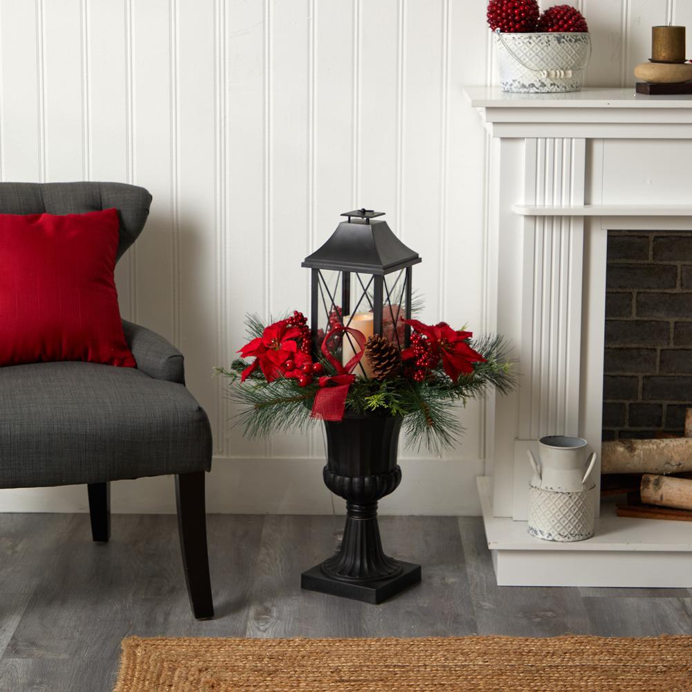 33in. Holiday Christmas Berries and Poinsettia with Large Lantern and Included LED Candle Set in a Decorative Urn Porch Decor. Picture 2