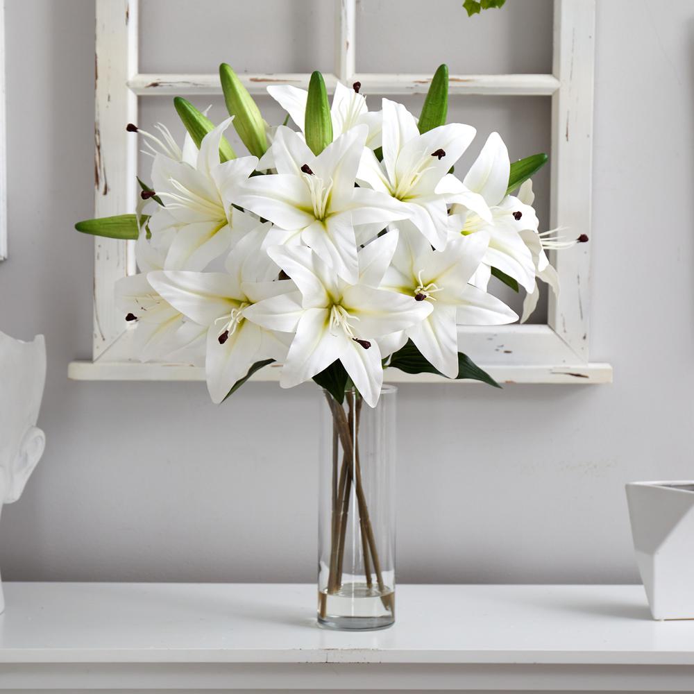 25in. Artificial Lily Arrangement with Cylinder Glass Vase. Picture 4