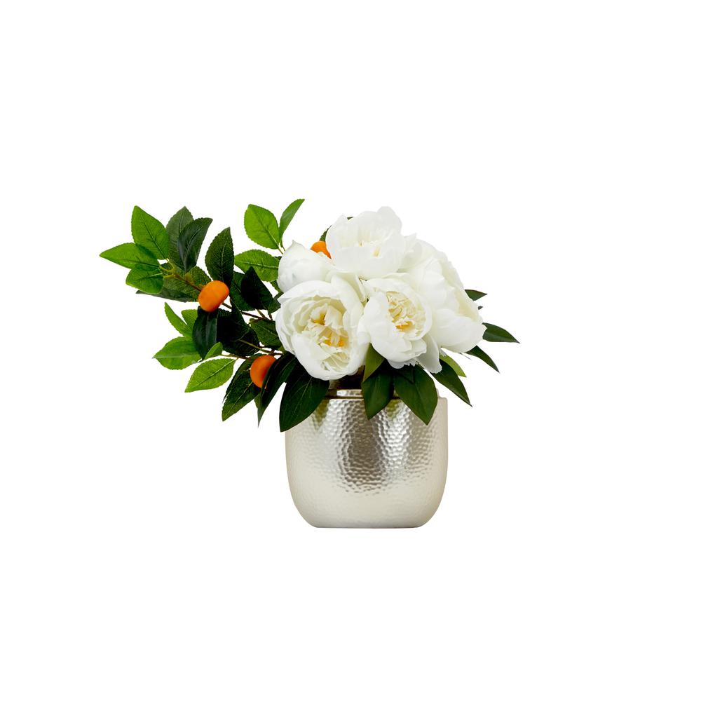 16in. Artificial Peony Dahlia Arrangement white Vase. Picture 1