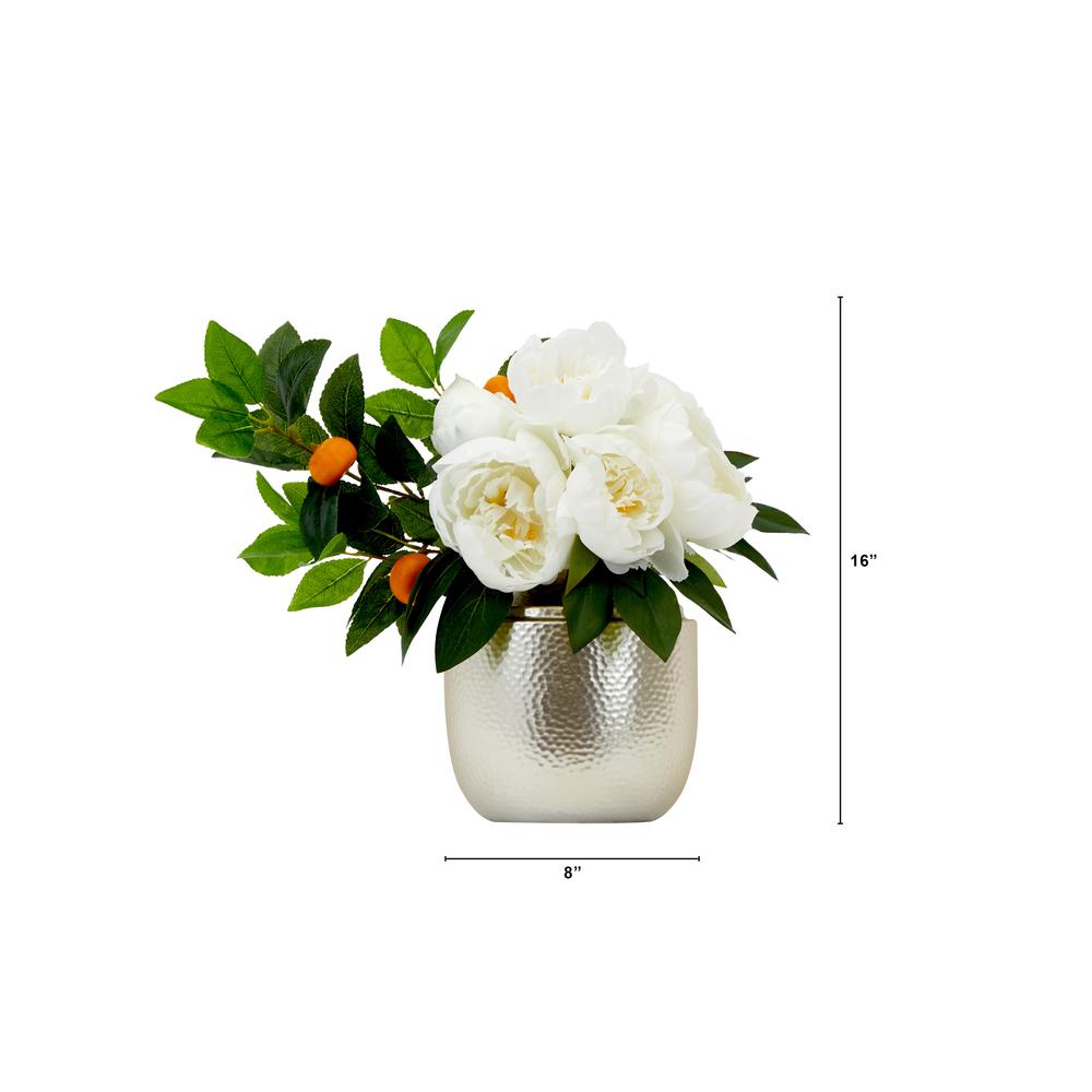 16in. Artificial Peony Dahlia Arrangement white Vase. Picture 2