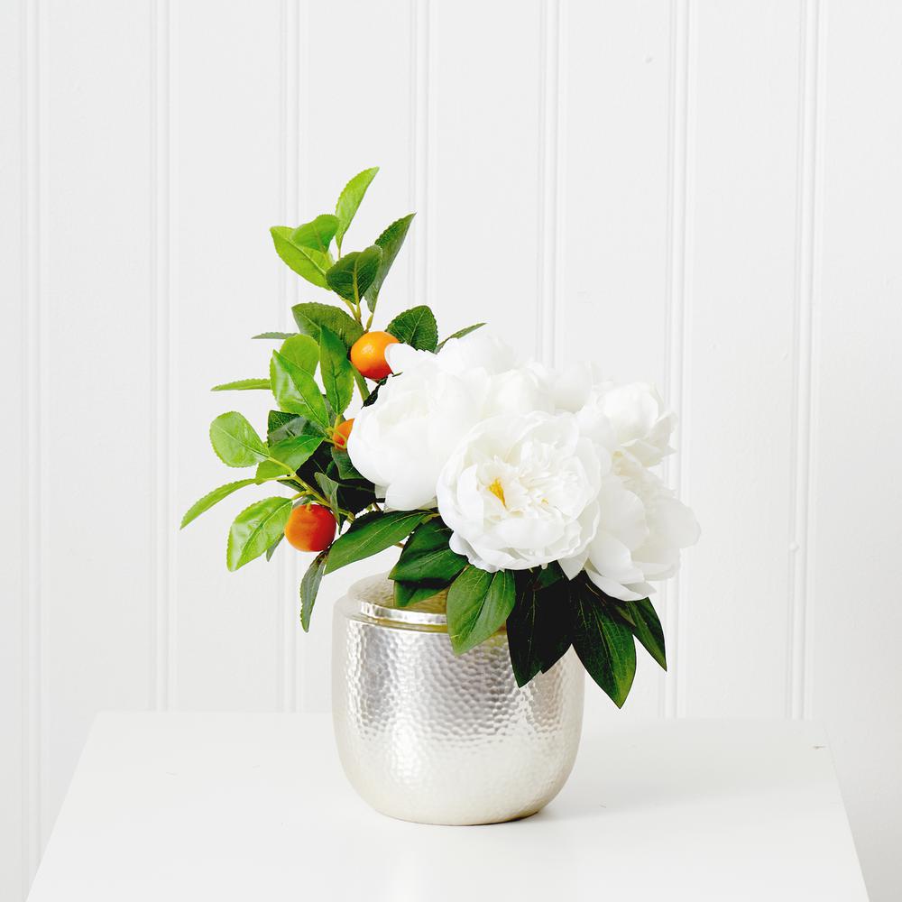 16in. Artificial Peony Dahlia Arrangement white Vase. Picture 3