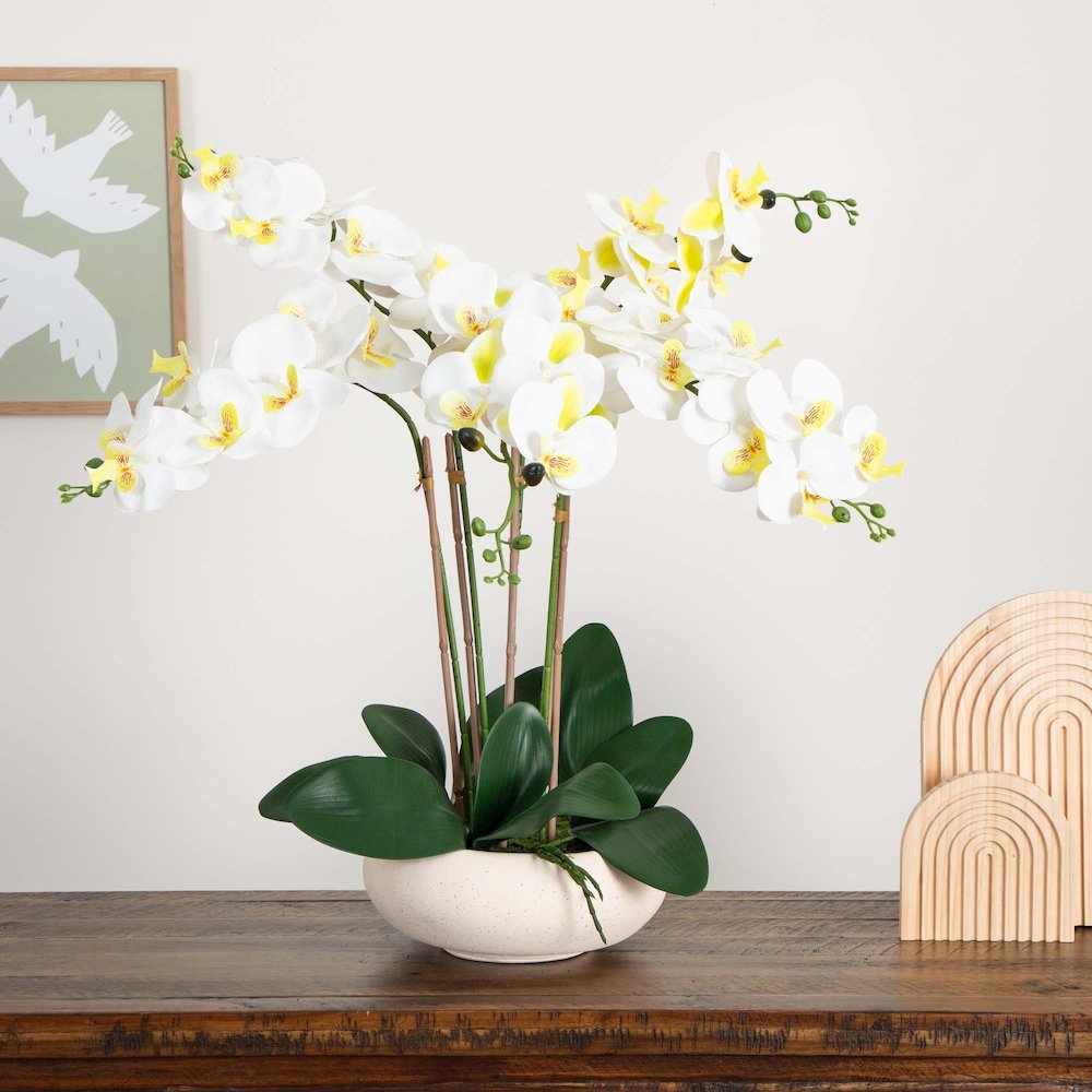 23in. Artificial Phalaenopsis Orchid Arrangement in White Ceramic Planter. Picture 4