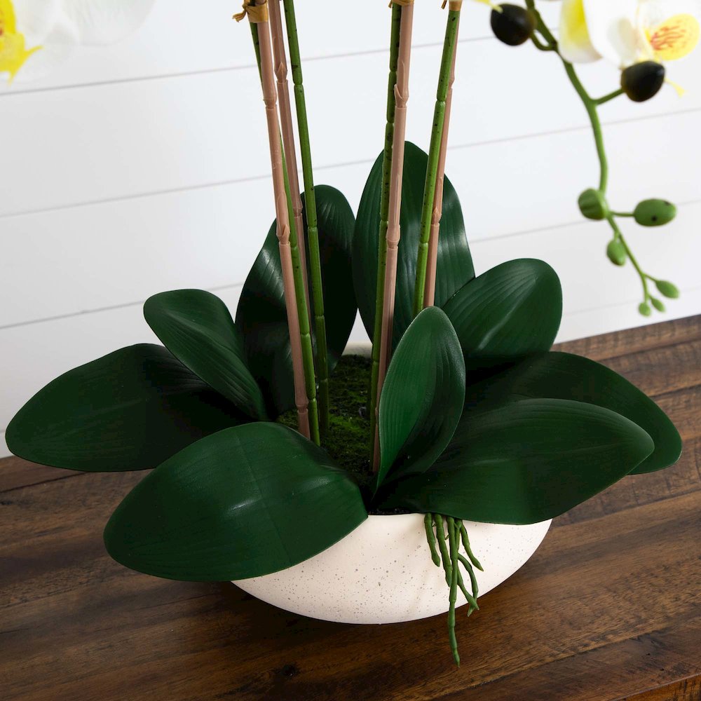 23in. Artificial Phalaenopsis Orchid Arrangement in White Ceramic Planter. Picture 7