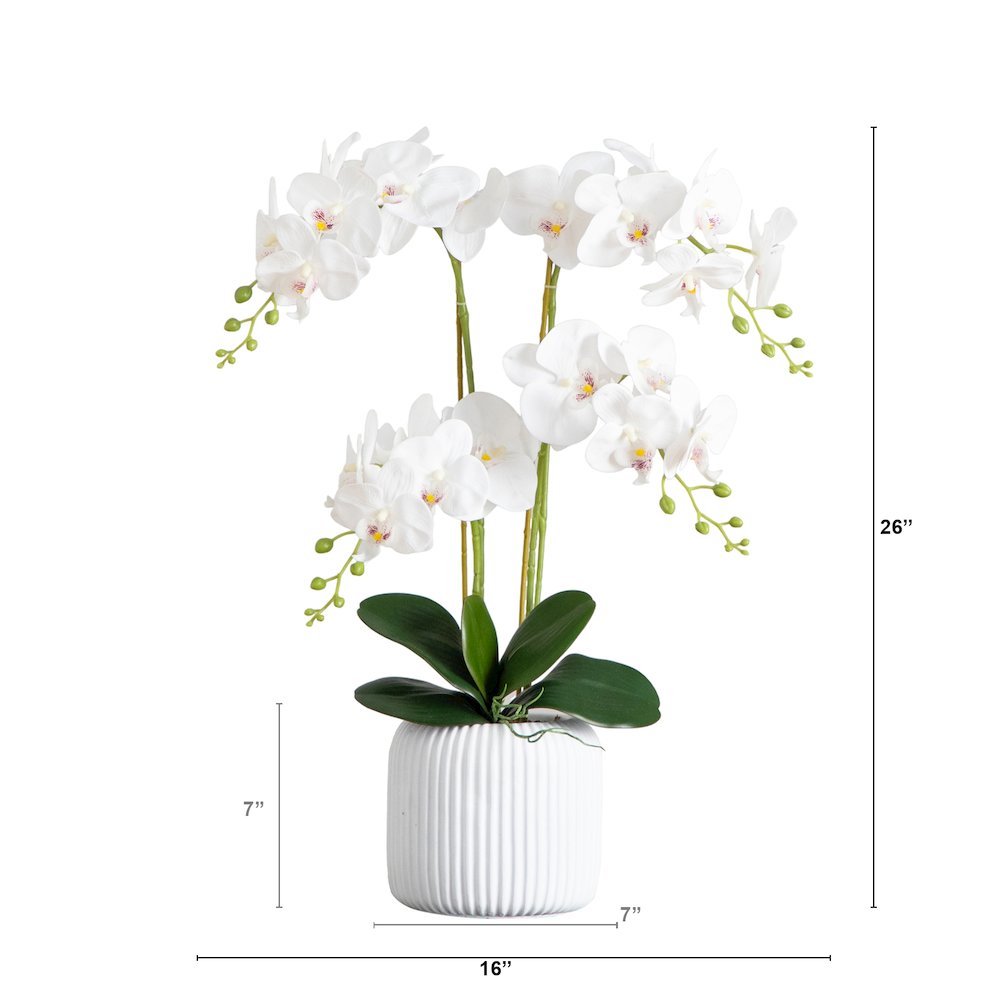 26in. Artificial Phalaenopsis Orchid Arrangement in Decorative Ceramic Vase. Picture 1