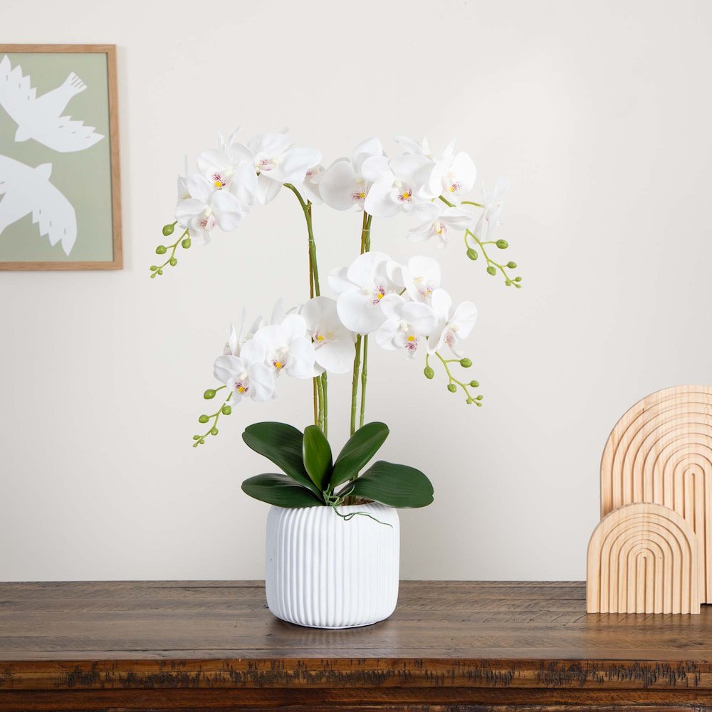 26in. Artificial Phalaenopsis Orchid Arrangement in Decorative Ceramic Vase. Picture 7