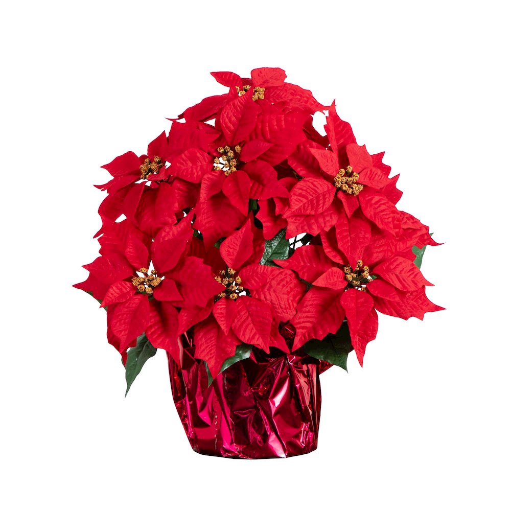19in. Artificial Lush Poinsettia Arrangement in Red Wrapped Planter. Picture 5