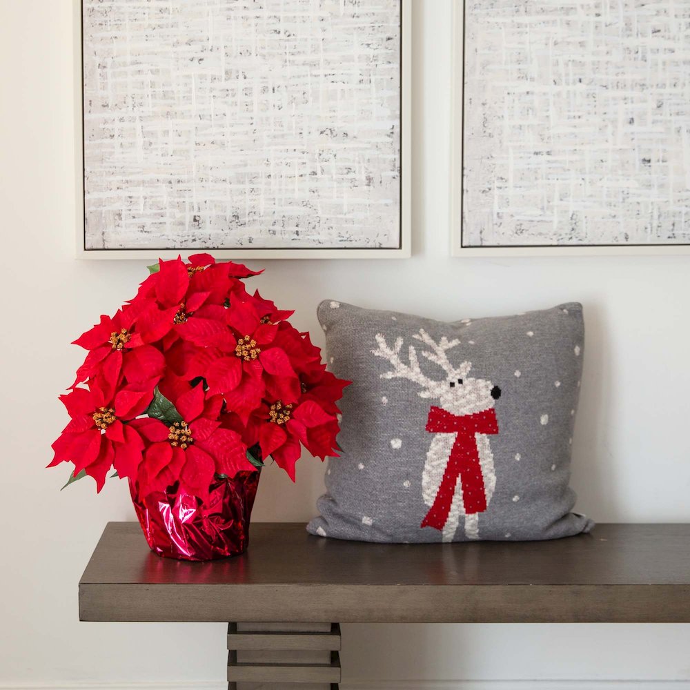 19in. Artificial Lush Poinsettia Arrangement in Red Wrapped Planter. Picture 4